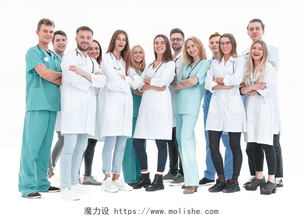 白色背景中医疗团队站在一起顶视图。一群微笑的医生指着你.